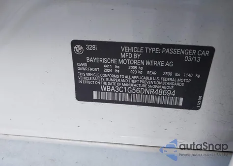 2013 BMW 328I z USA, uszkodzony, nr VIN WBA3C1G56DNR48694